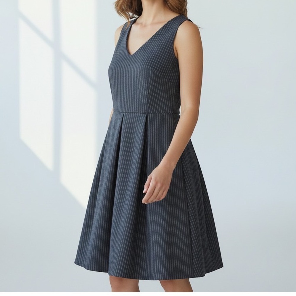 Scoop Fit and Flare Dress Womens L 12-14 Navy Pinstripe NWT Sleeveless V-Neck